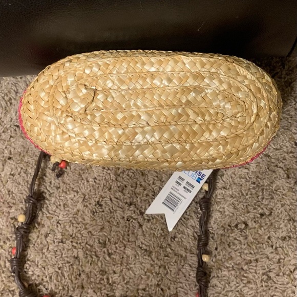 NWT Cruise Club pink/tan striped summer straw crossbody with corded/beaded strap - Picture 9 of 10
